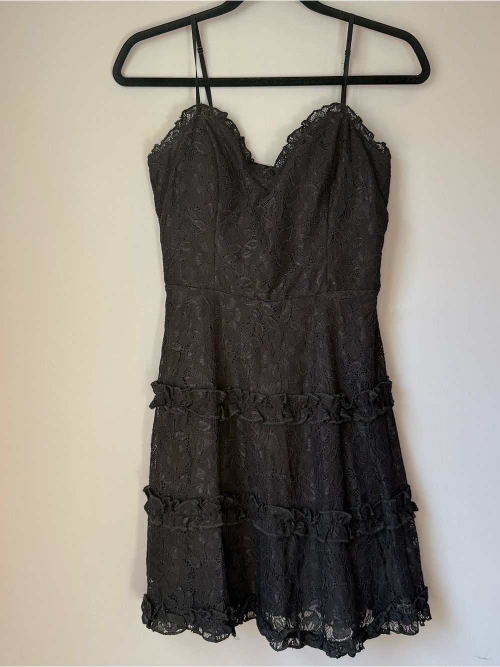 Francescas Miami Small Black Lace Tiered Ruffle Spaghetti Strap Mini Dress Goth